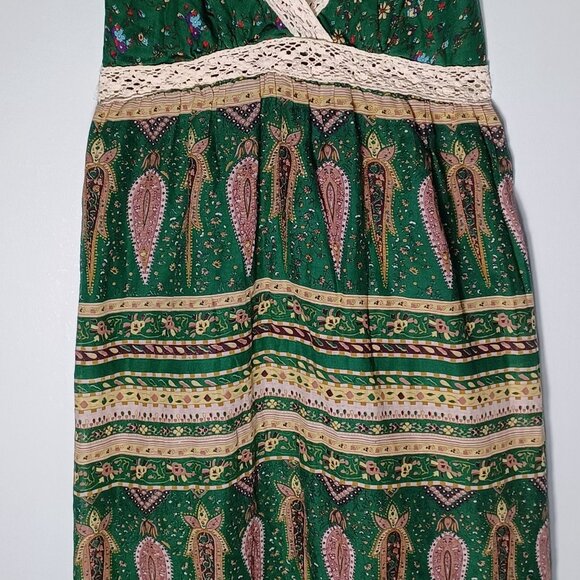 Womens Boho Midi Dress Medium Green Paisley Hippie Fairycore Festival Peasant - Picture 3 of 9